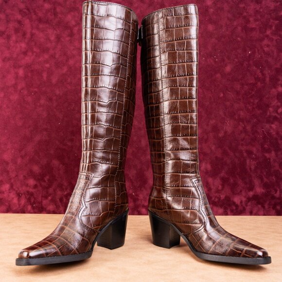 Ganni Women Croc Print Brown Leather Western Tall Fashion Boots sz 7.5US EUR38 - Picture 2 of 10